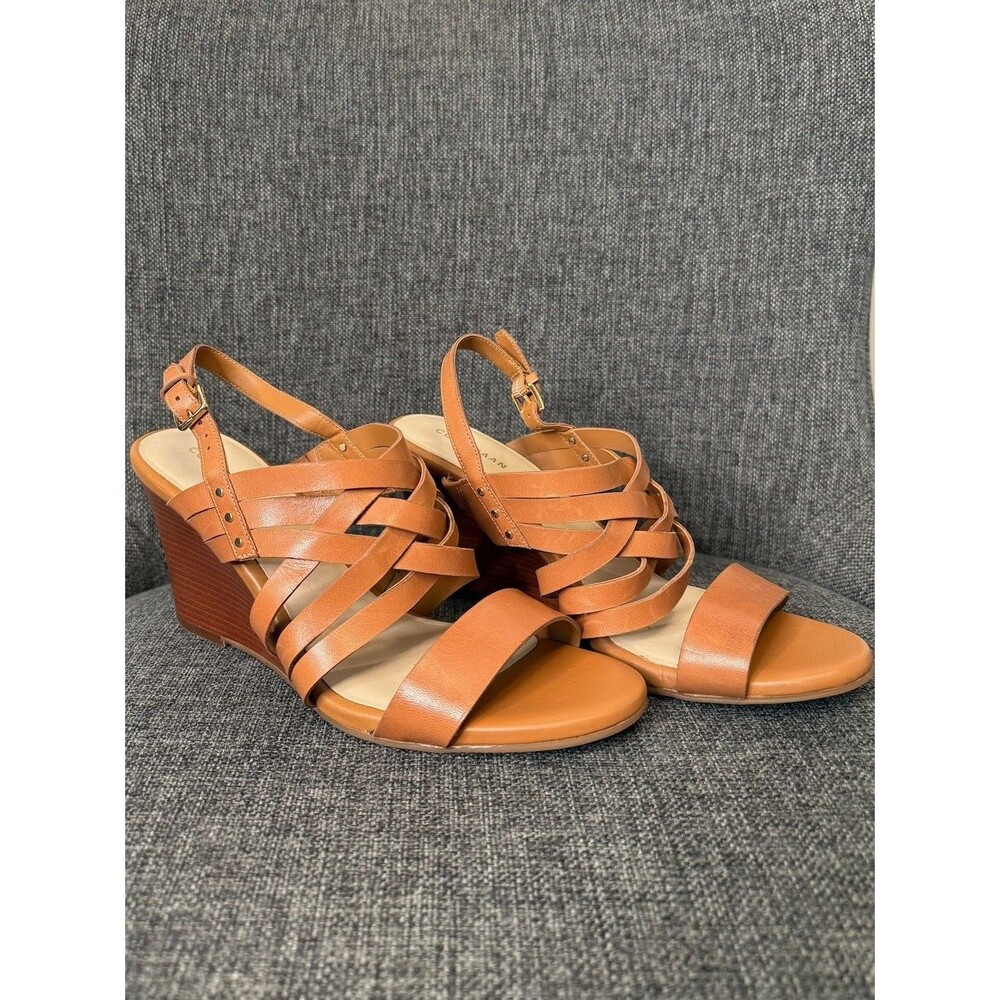 Cole Haan Mariana Leather Wedge Sandals Women’s 8.5B Cognac Strappy NWOB